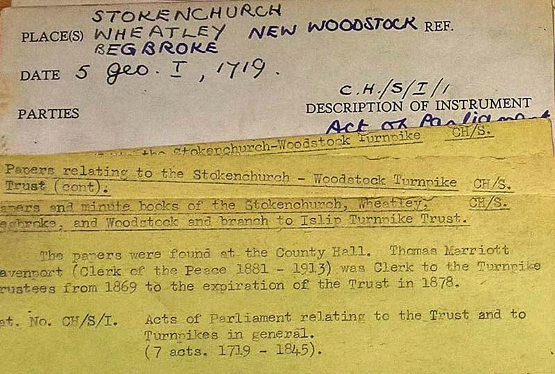 Example catalogue cards for Stokenchurch Turnpike Trust