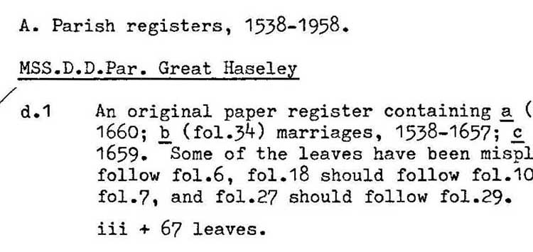 Extract from typescript Great Haseley parish catalogue