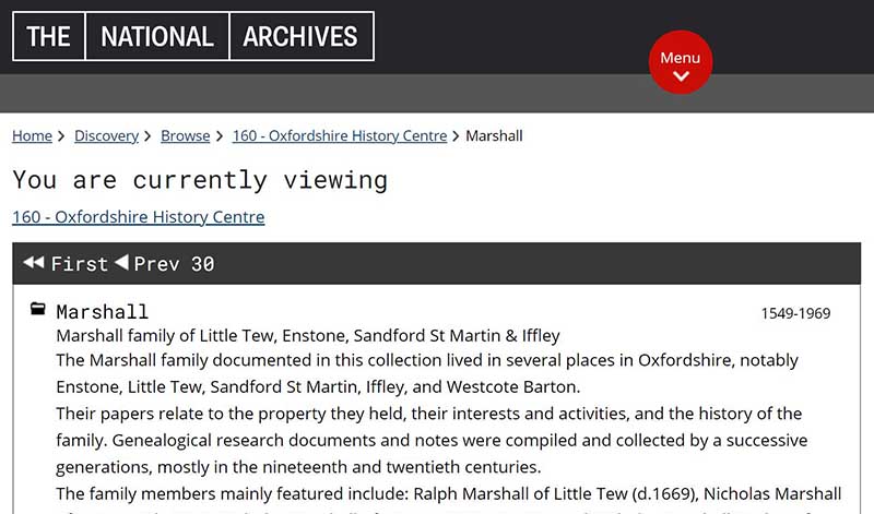 Screenshot of the Marshall catalogue introductory page on the Discovery website
