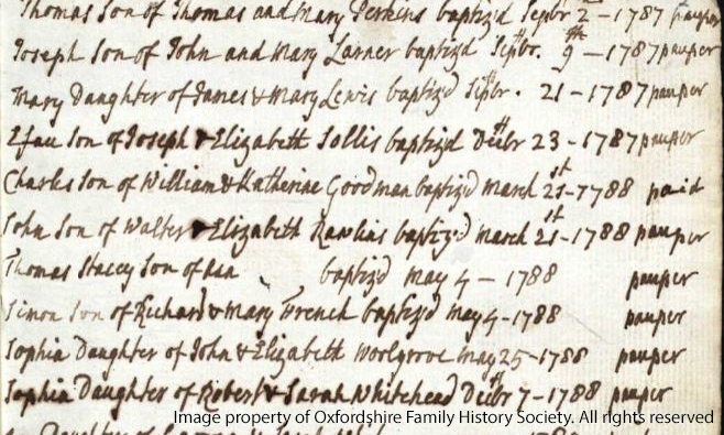 entries from North Aston register showing paupers and those who had paid the stamp duty