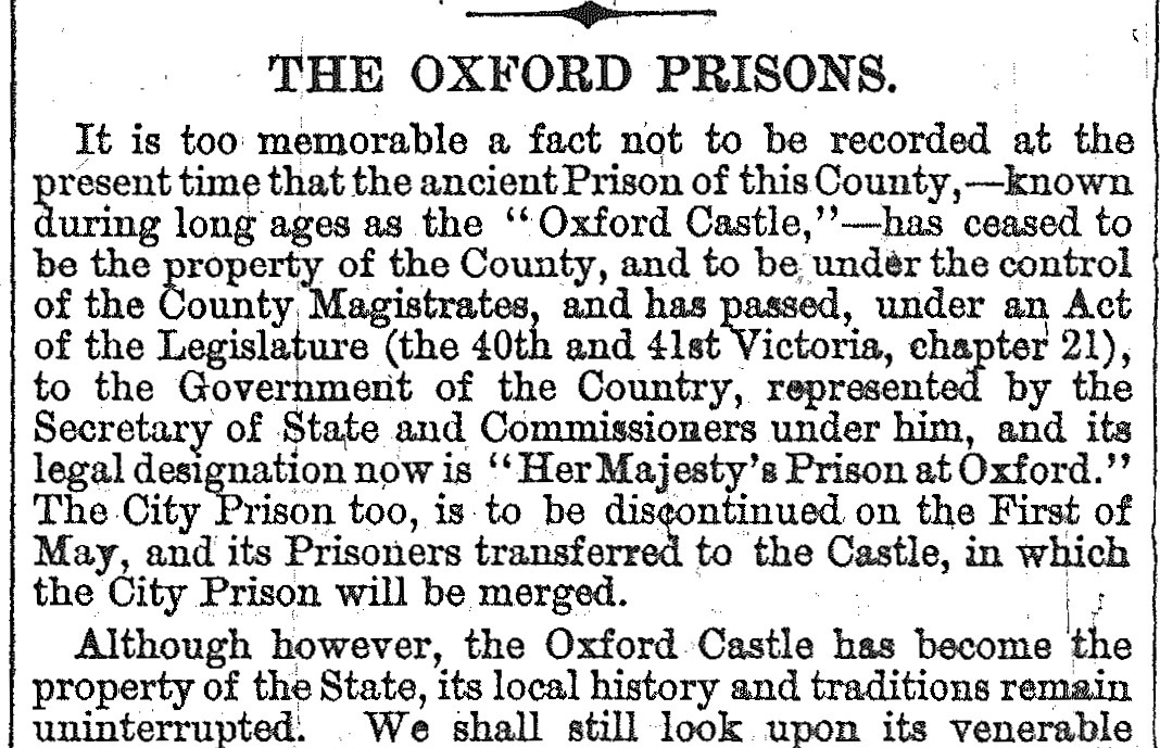Article in Jackson’s Oxford Journal on the transfer of the prison from the County Magistrates, 20 April 1878