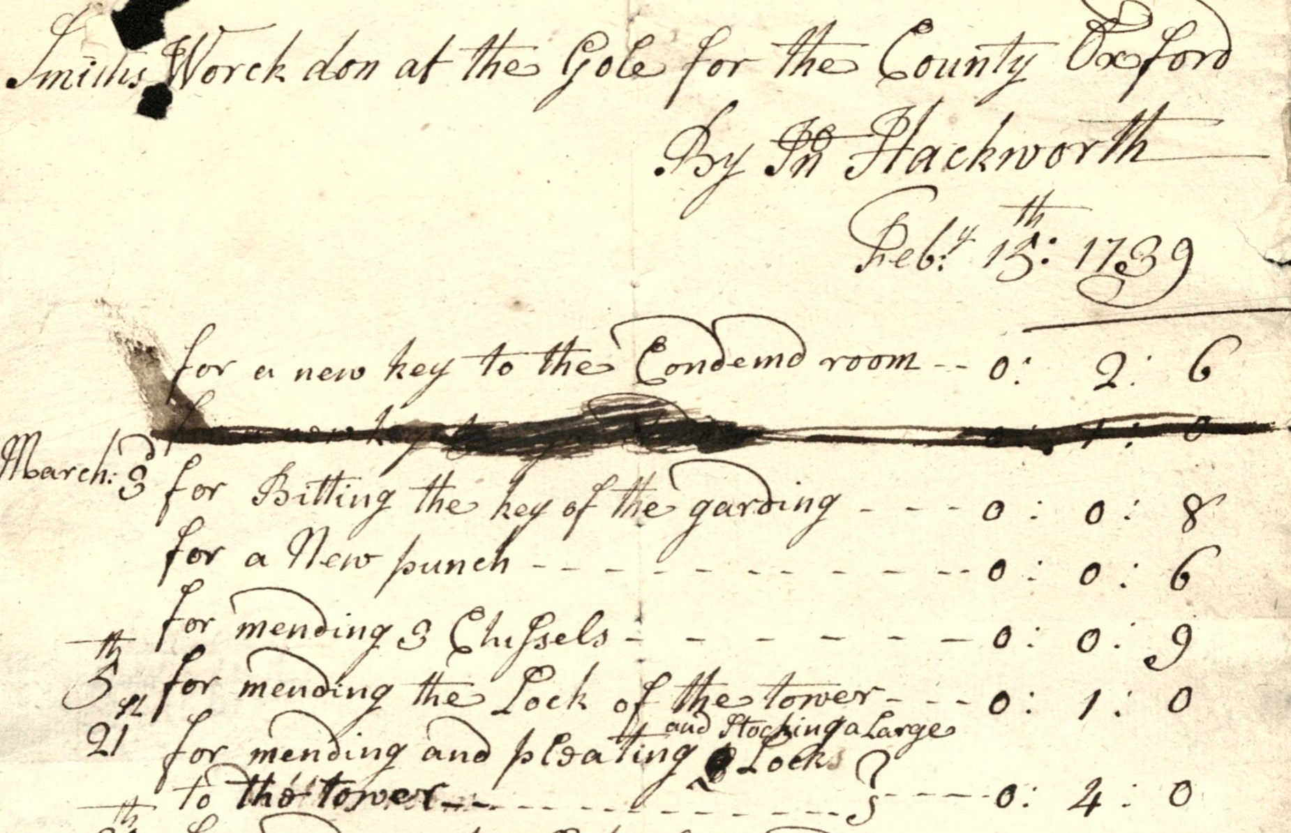 Bill for smith’s work done at the gaol, Feb 1739