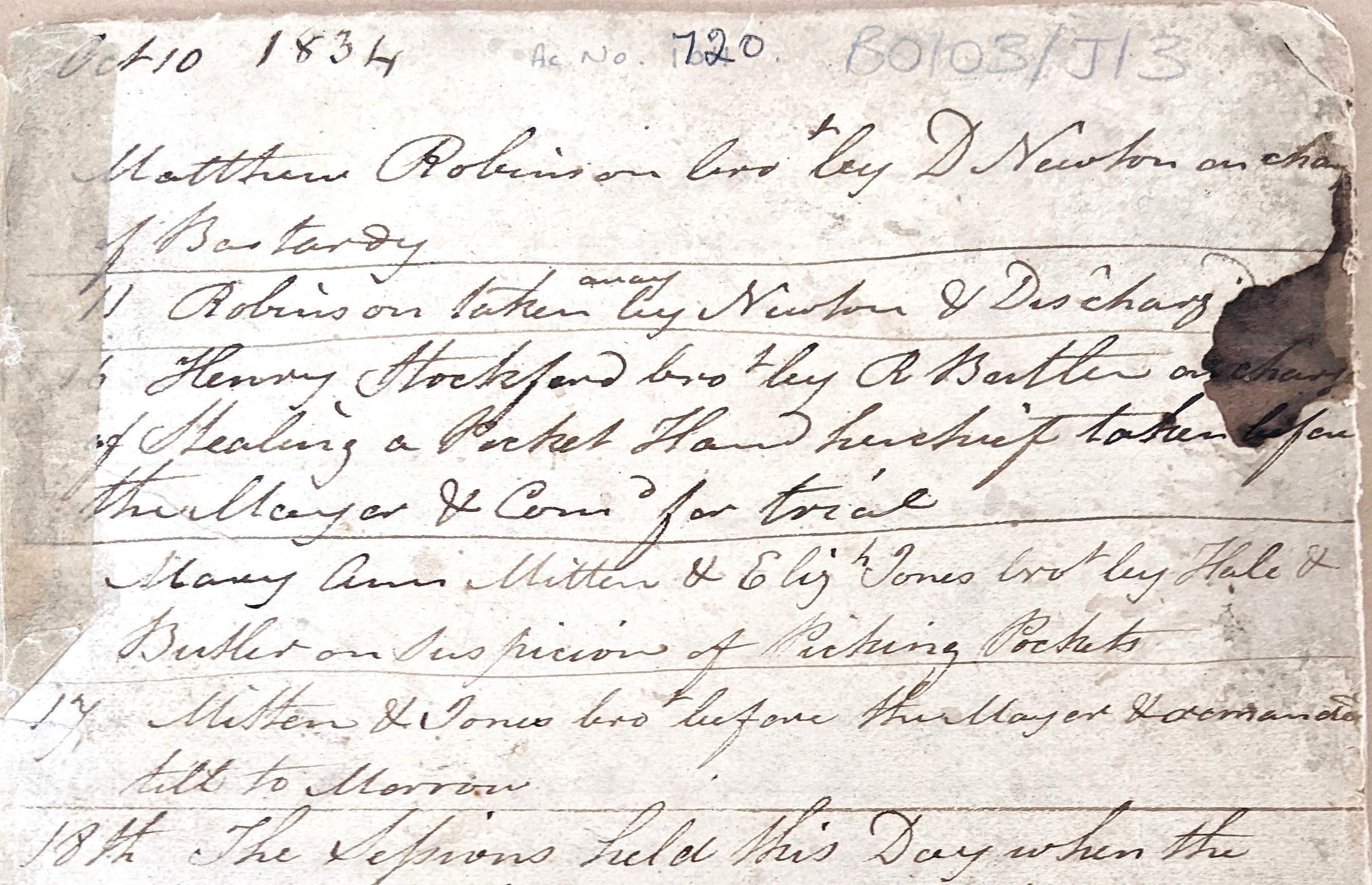 Page from a Banbury Gaol journal, October 1834, recording committals for bastardy, picking pockets and stealing a pocket handkerchief