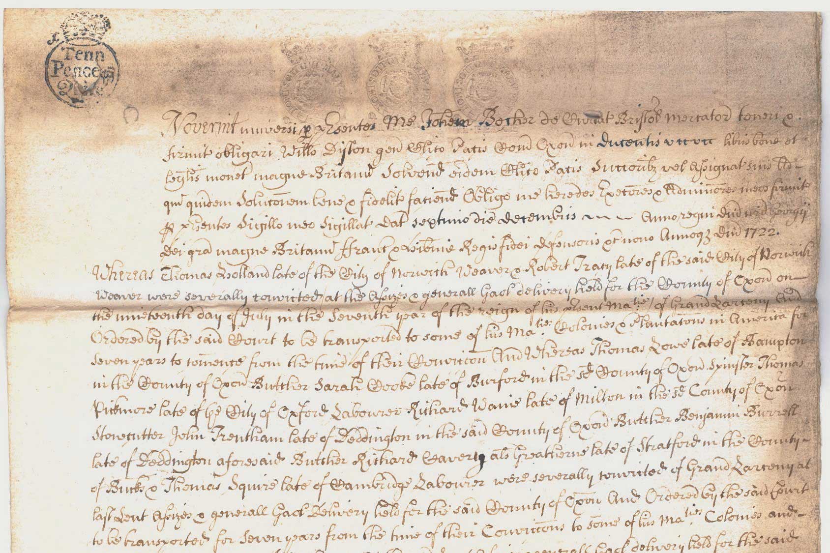 Bill of the Under Sheriff, for arranging the transportation of five convicts, 1764