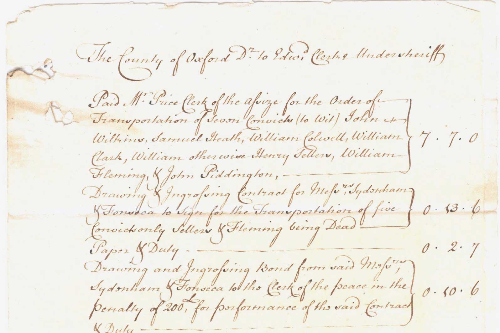 Bill of the Under Sheriff, for arranging the transportation of five convicts, 1764
