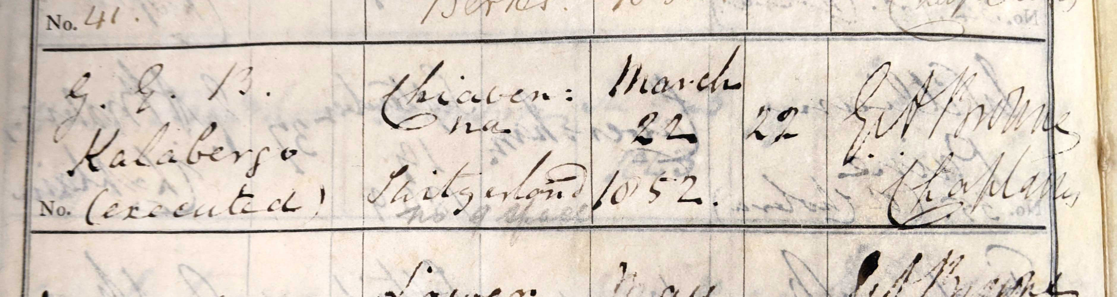 Burial entry for Giovanni (William) Kalabergo from the Oxford Prison Register of Baptisms and Burials