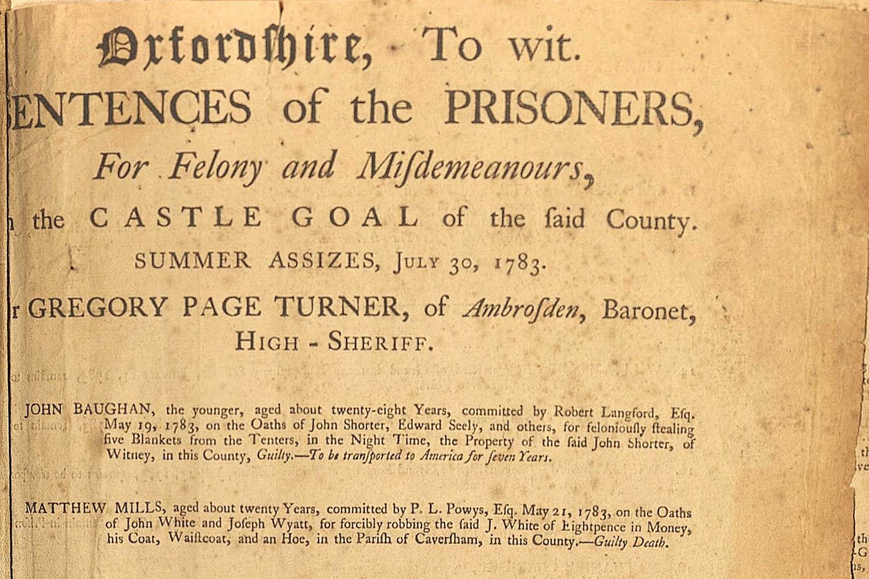 Sentences of the Prisoners, Summer Assizes 1783