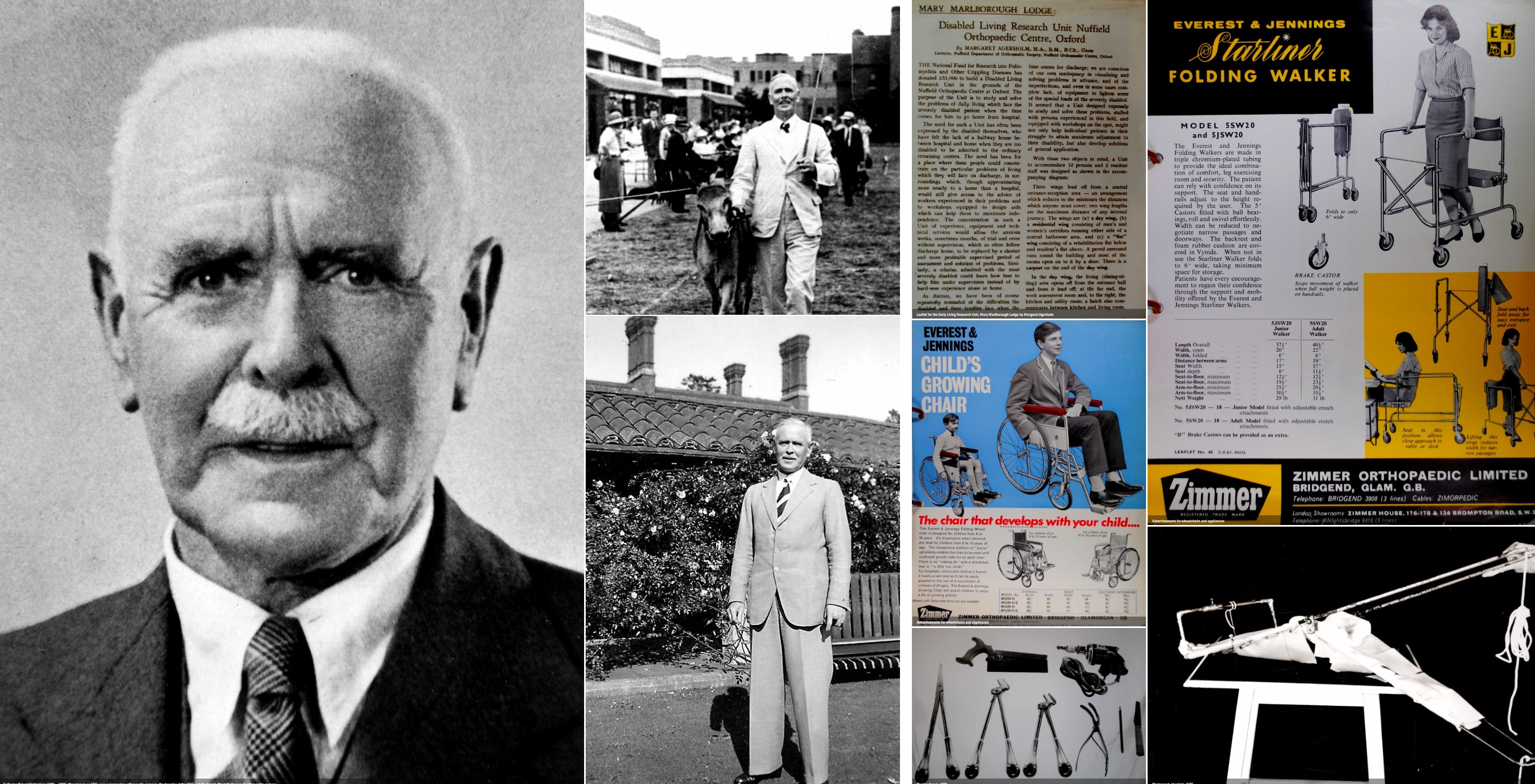 Collage of portraits of Professor G.R. Girdlestone, and Zimmer products from the Nuffield Orthopaedic Hospital